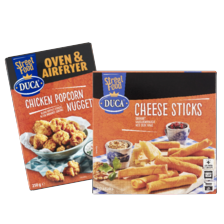 Duca loempia’s, cheese sticks,
kipnuggets de luxe
of chicken popcorn nuggets